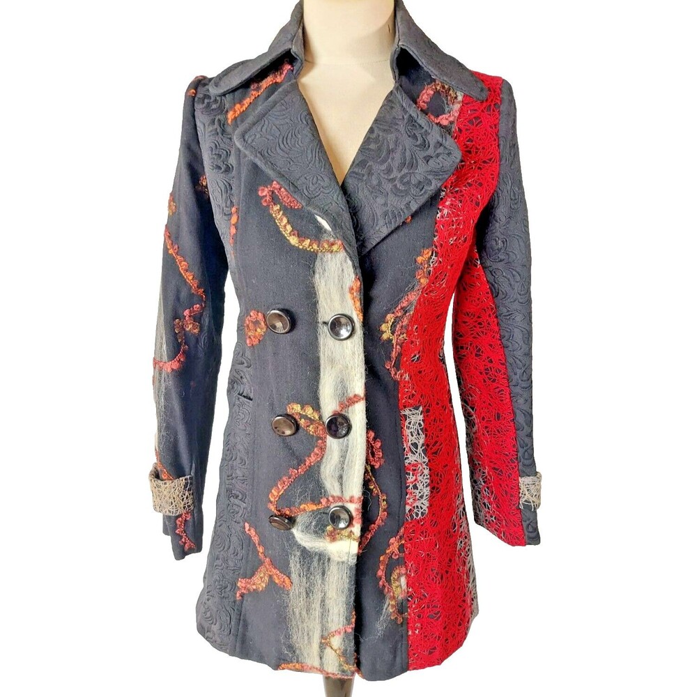 Neslay Paris Anthropologie Black Red Patchwork Brocade Coat Double Breast Size S